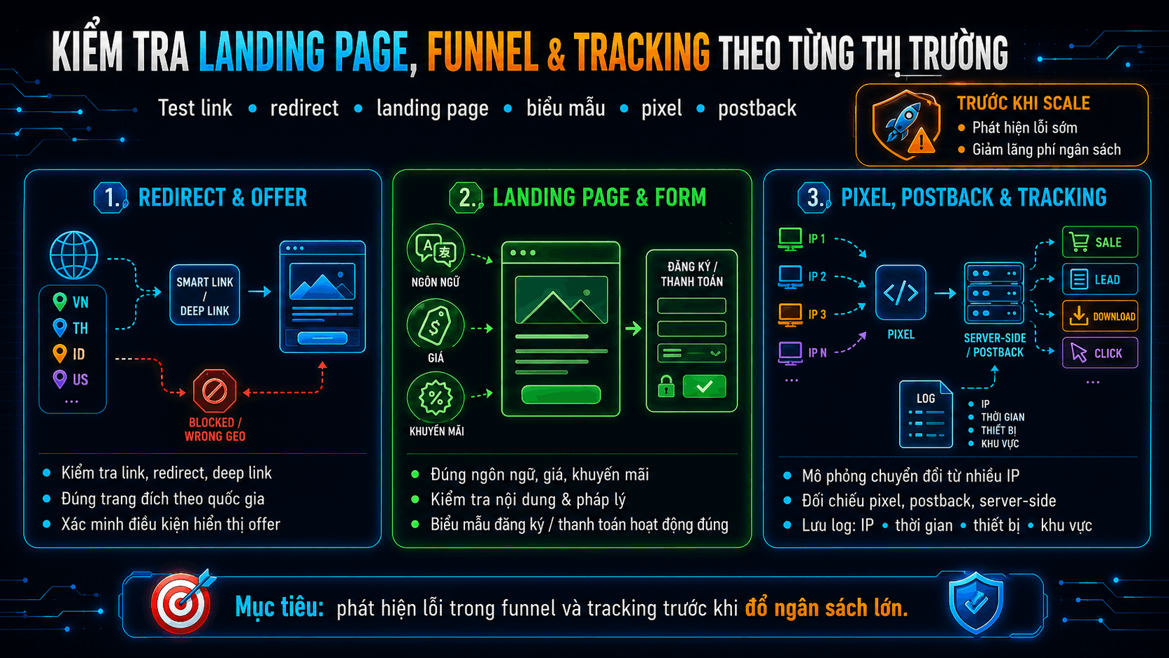 Kiểm tra landing page, funnel v&agrave; tracking theo từng thị trường